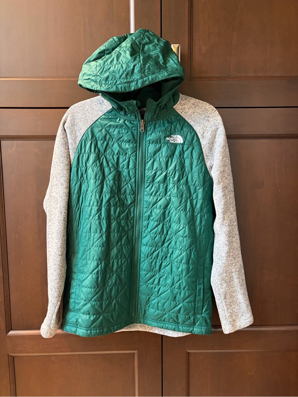 The North Face Green Quilted Hooded Jacket with Heather Gray Sleeves